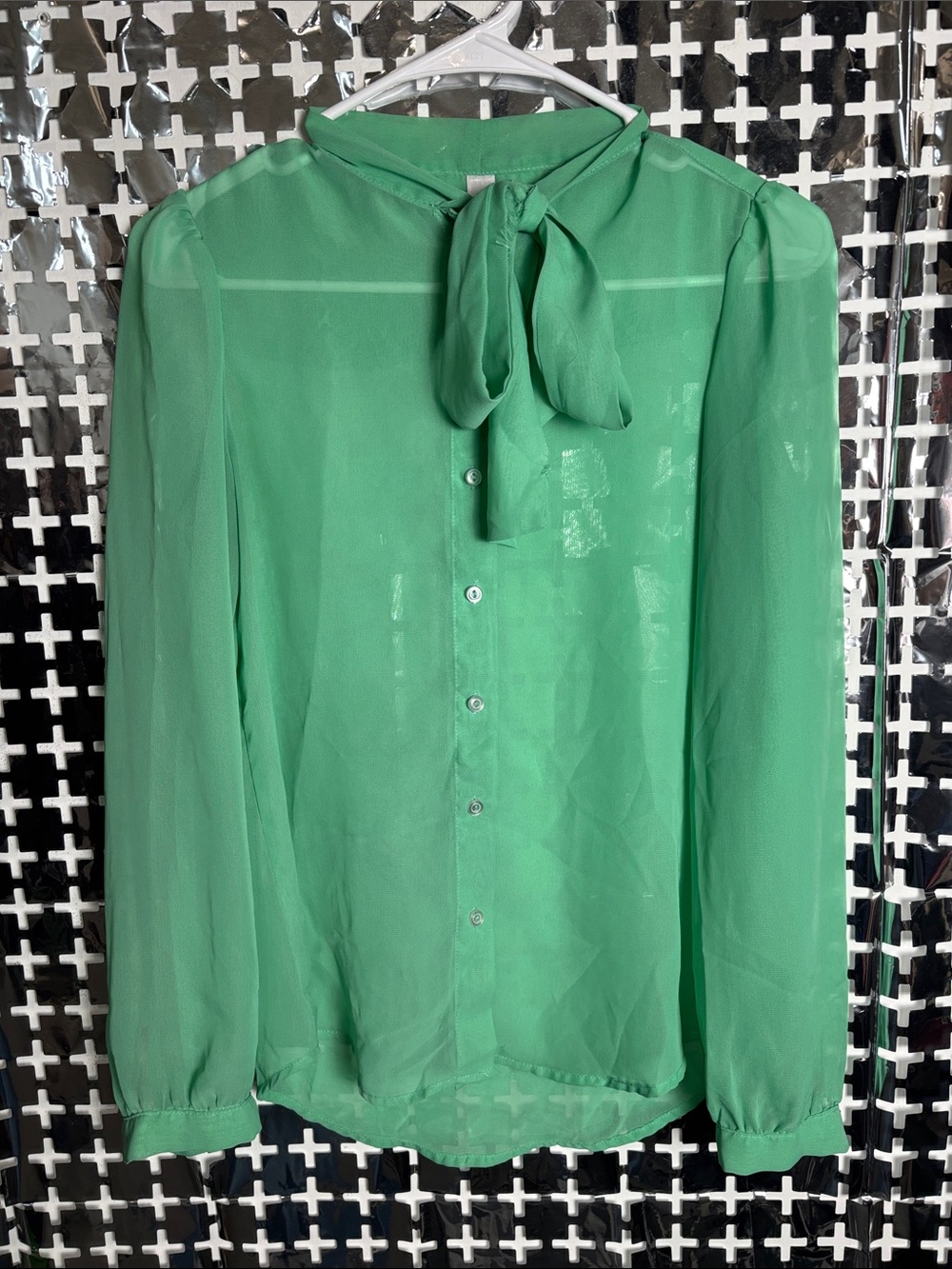 American Apparel Emerald Green Tie-Neck Chiffon Blouse